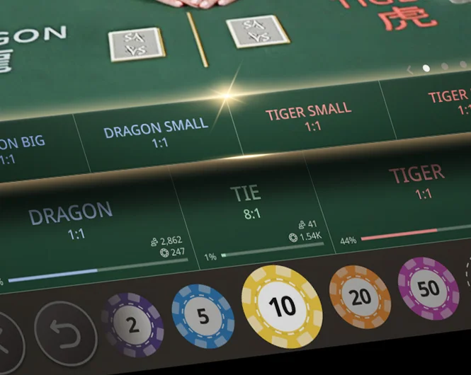 Close-up of SA Gaming's Dragon Tiger game interface, showcasing betting options and chip denominations in online casino.